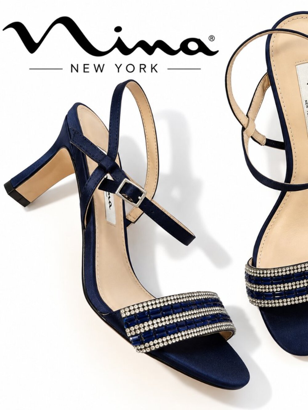 NWOT Nina Blue Navy Crystal Embellished Dress Sandals Heels Women’s 8M